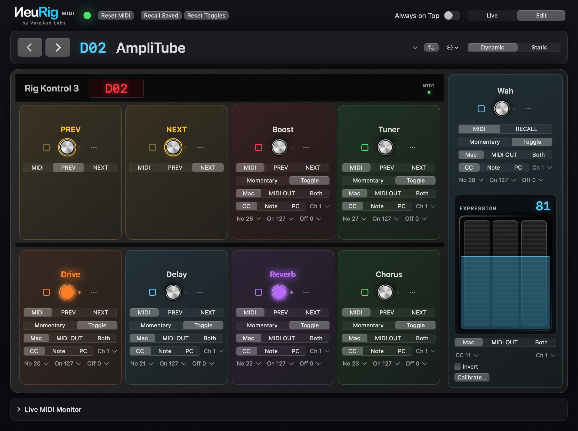 NeuRig MIDI Dynamic Edit view showing the AmpliTube preset, PREV and NEXT assignments, MIDI messages and expression controls