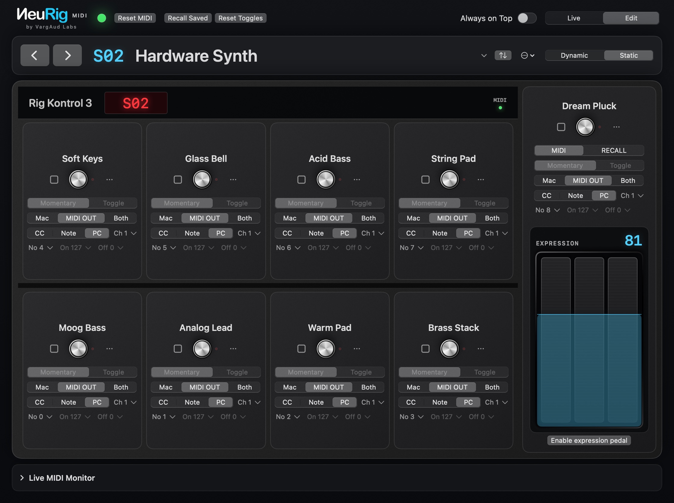 NeuRig MIDI Static Edit view: Hardware Synth preset with Moog Bass, Warm Pad and other example sound names; nine Program Changes, PC 0 to 8, channel 1, MIDI OUT