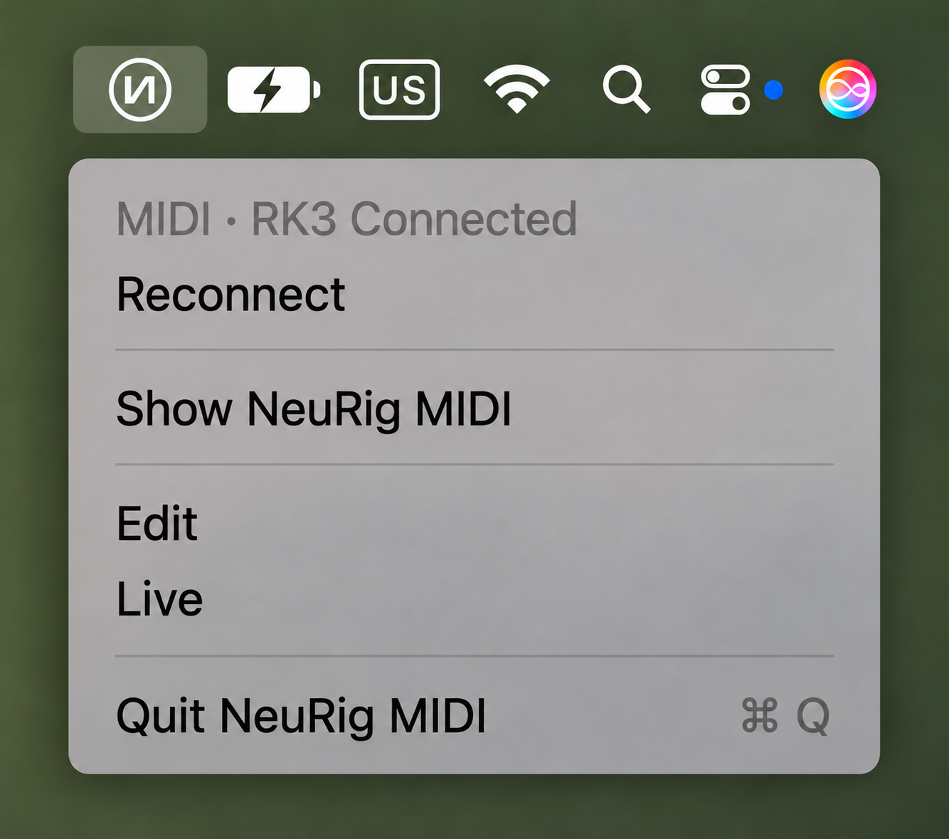NeuRig MIDI menu showing MIDI · RK3 Connected, a full battery, an English input indicator and closely grouped status icons without date or time, plus Show NeuRig MIDI, Edit, Live and Quit controls