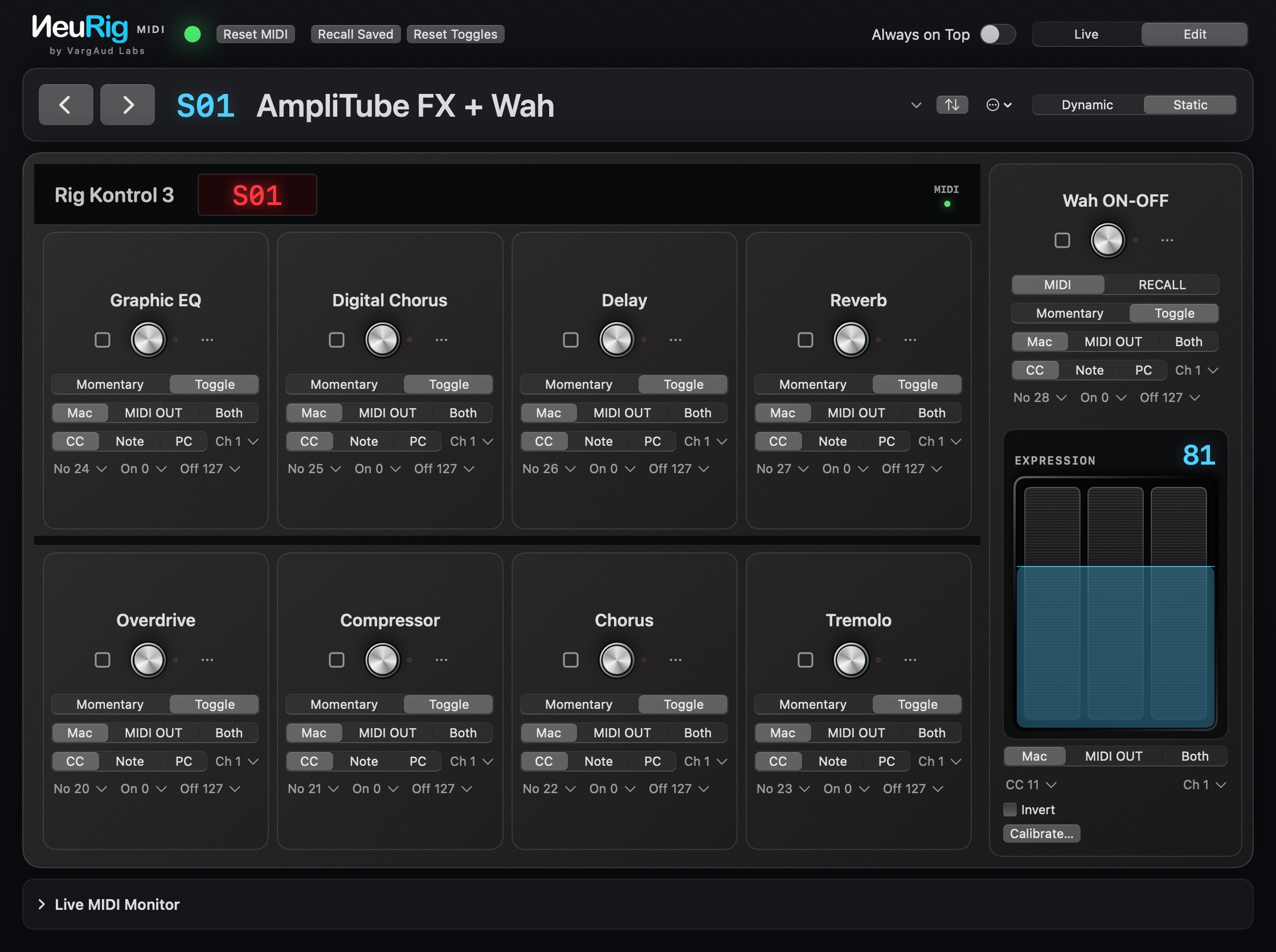 NeuRig MIDI Static Edit view with AmpliTube FX and Wah, showing all nine MIDI switch assignments