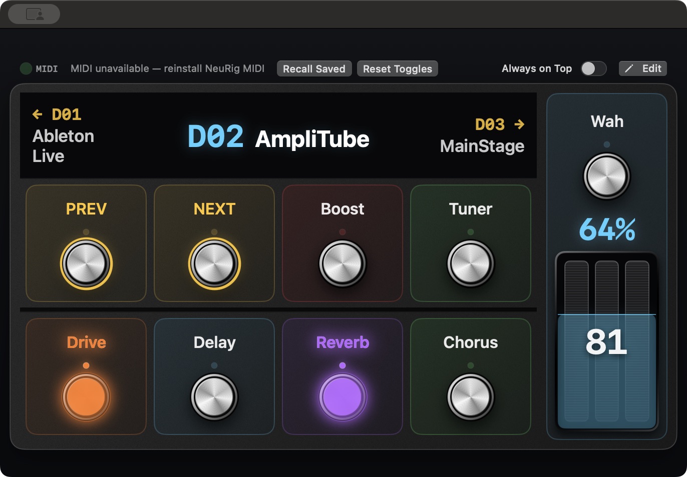 NeuRig MIDI Dynamic Live view with Ableton Live, AmpliTube and MainStage preset names