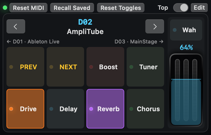 NeuRig MIDI at its minimum Live window size: Dynamic AmpliTube preset, Ableton Live and MainStage neighbours, nine controls, expression and the Top switch enabled